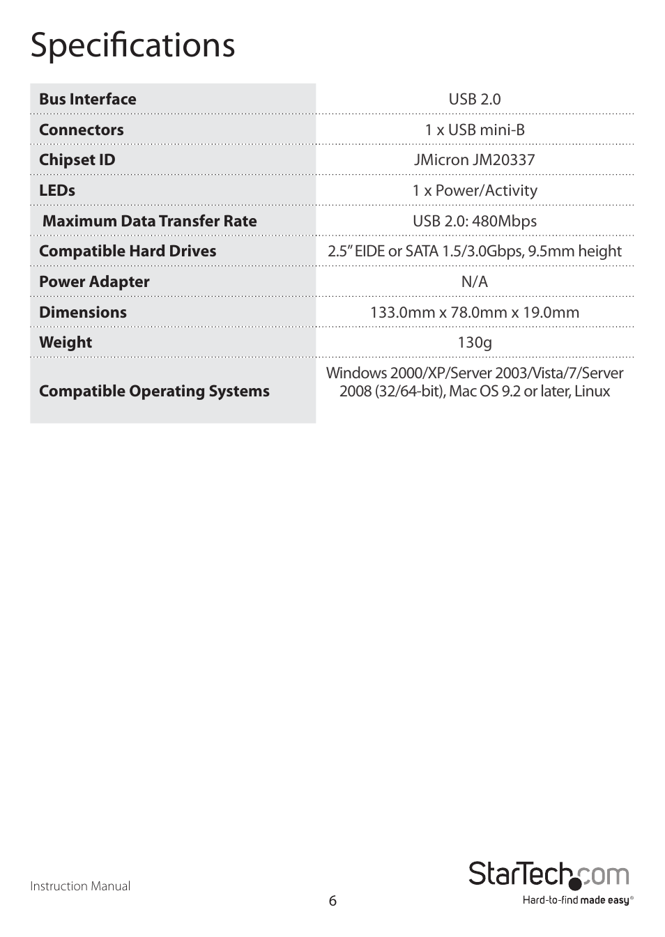 Specifications | StarTech.com UNI2510U2V User Manual | Page 9 / 11