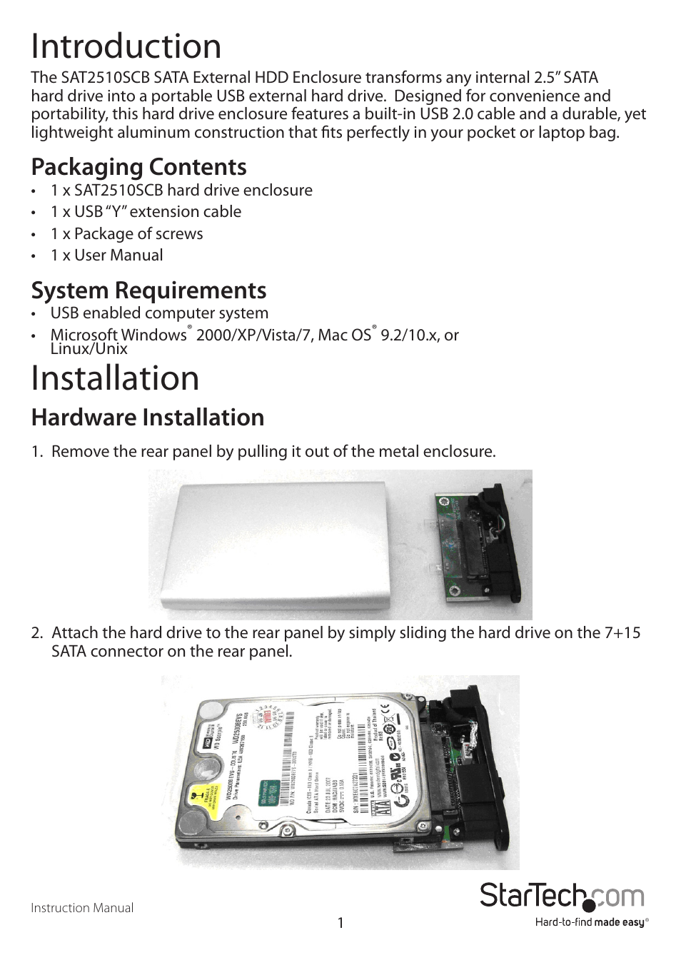 Introduction, Installation, Packaging contents | System requirements, Hardware installation | StarTech.com SAT2510SCB User Manual | Page 4 / 9