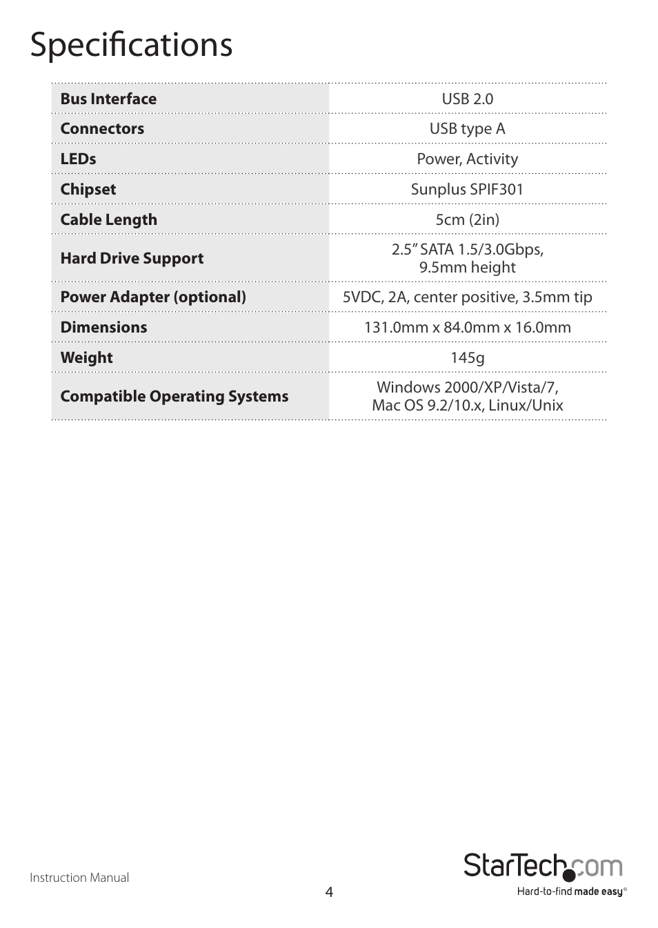 Specifications | StarTech.com SAT2510SCB User Manual | Page 7 / 9