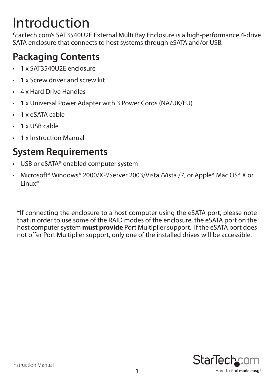 Introduction, Packaging contents, System requirements | StarTech.com SAT3540U2E User Manual | Page 4 / 12