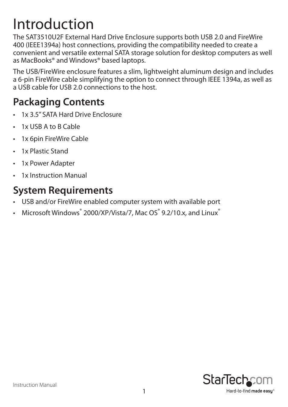 Introduction, Packaging contents, System requirements | StarTech.com SAT3510U2FGB User Manual | Page 4 / 11