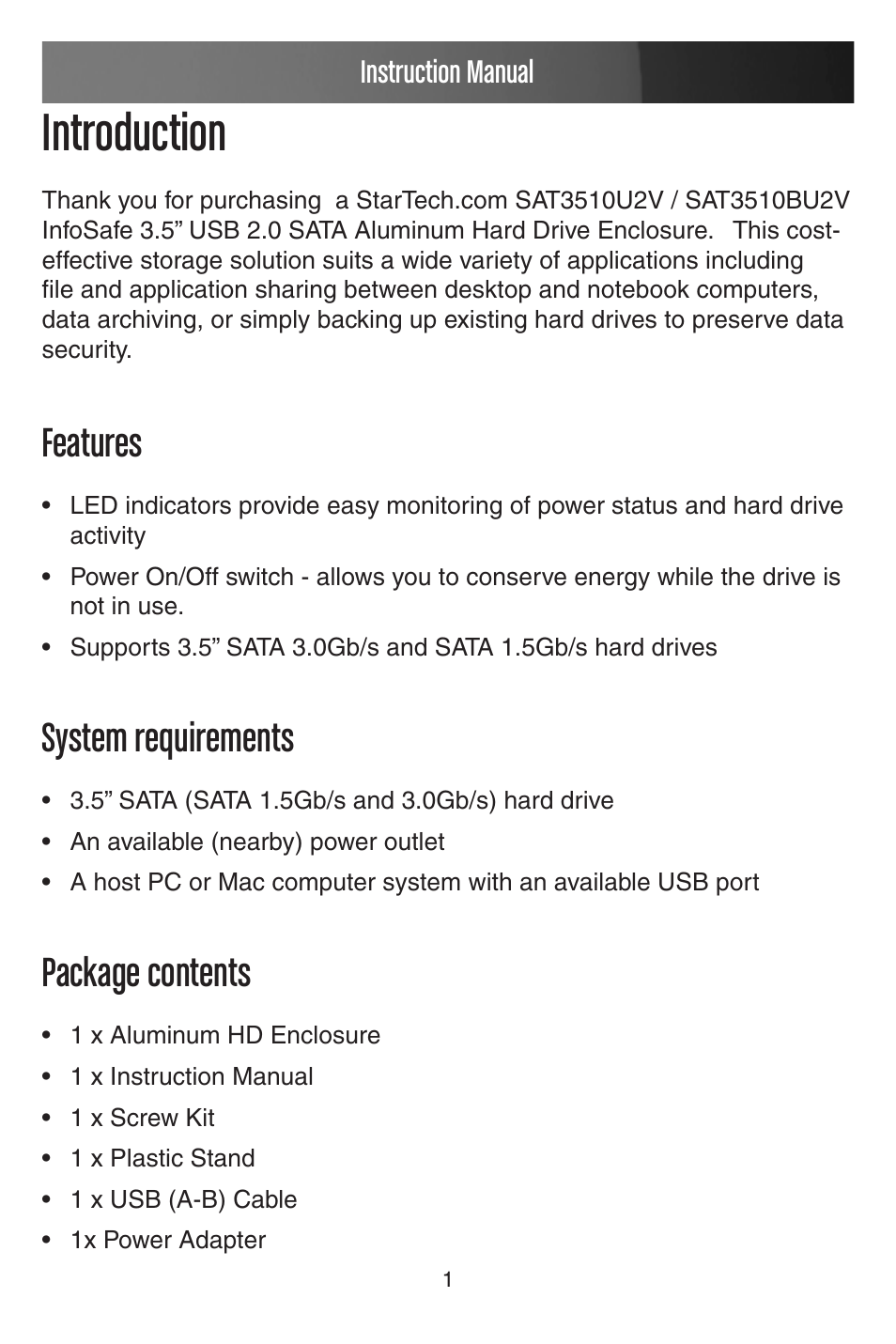 Introduction, Features, System requirements | Package contents, Instruction manual | StarTech.com SAT3510BU2V User Manual | Page 4 / 11