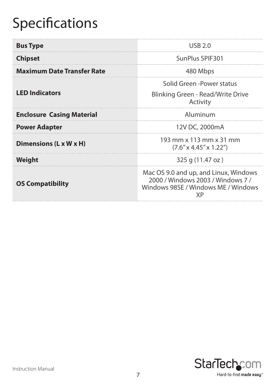 Specifications | StarTech.com SAT3510U2V User Manual | Page 10 / 12