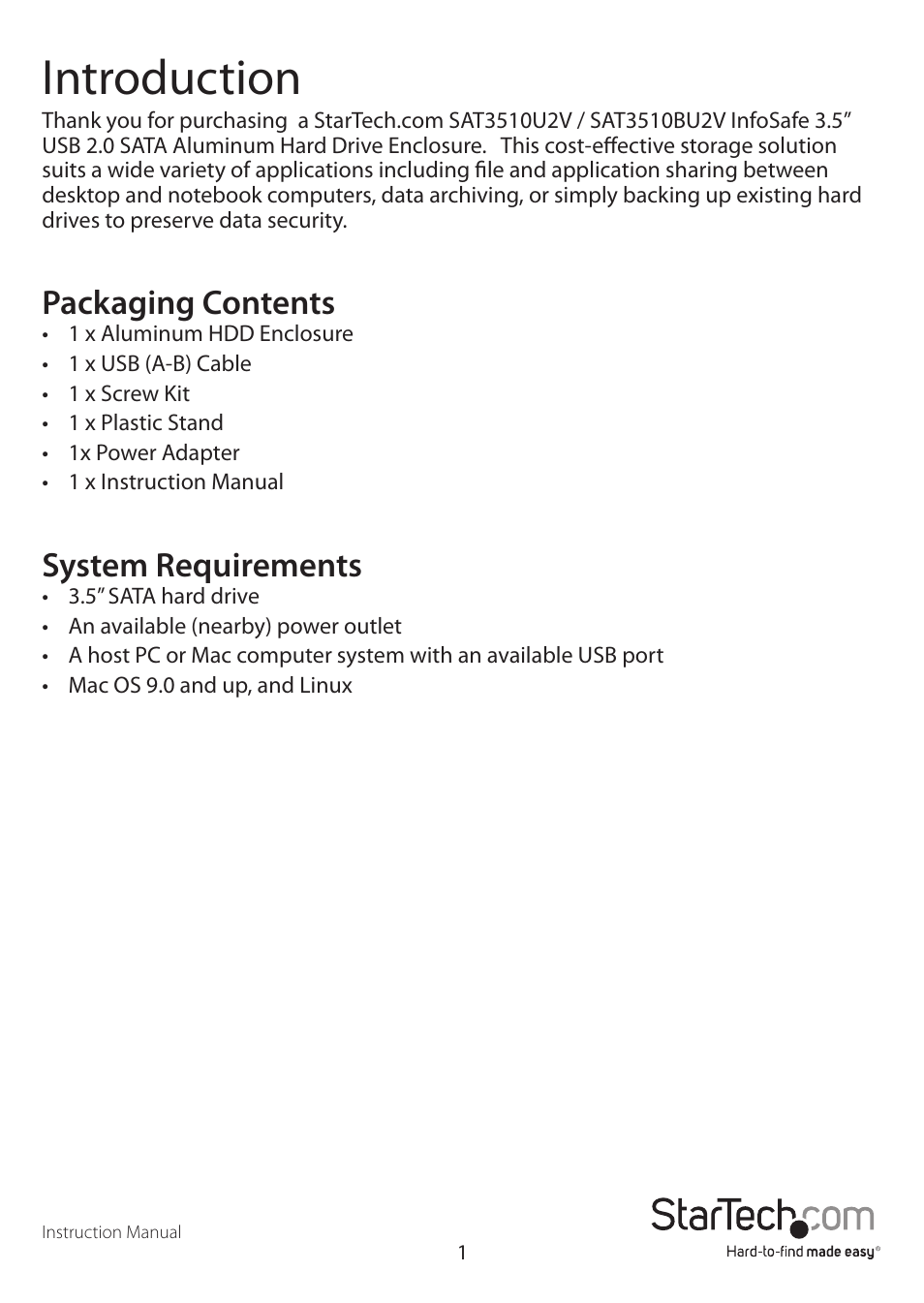 Introduction, Packaging contents, System requirements | StarTech.com SAT3510U2V User Manual | Page 4 / 12
