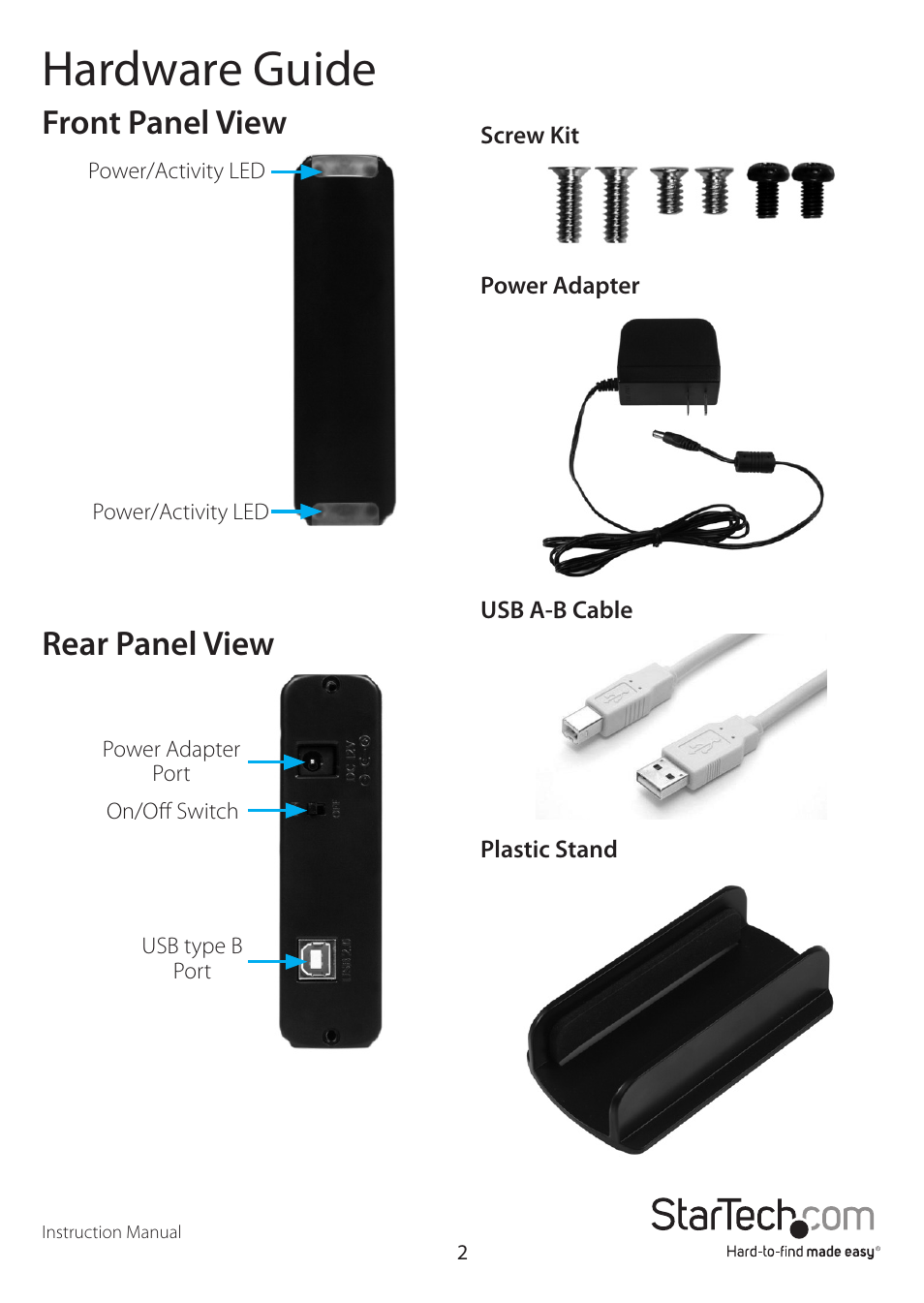 Hardware guide, Front panel view, Rear panel view | StarTech.com SAT3510U2V User Manual | Page 5 / 12