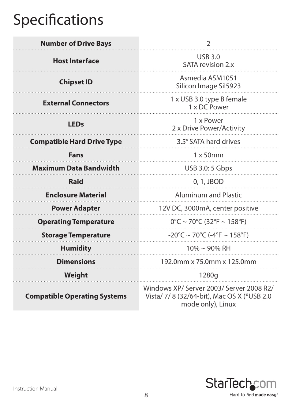 Specifications | StarTech.com SAT3520U3SR User Manual | Page 11 / 13