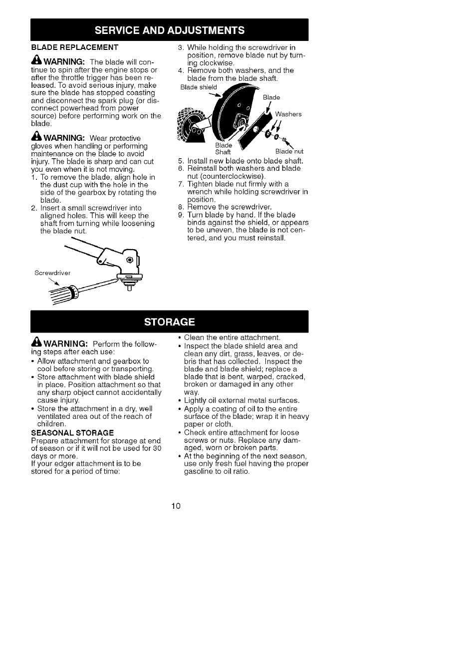 Service and adjustments, Storage, Blade replacement 3 | Seasonal storage | Craftsman C944.511573 User Manual | Page 10 / 10