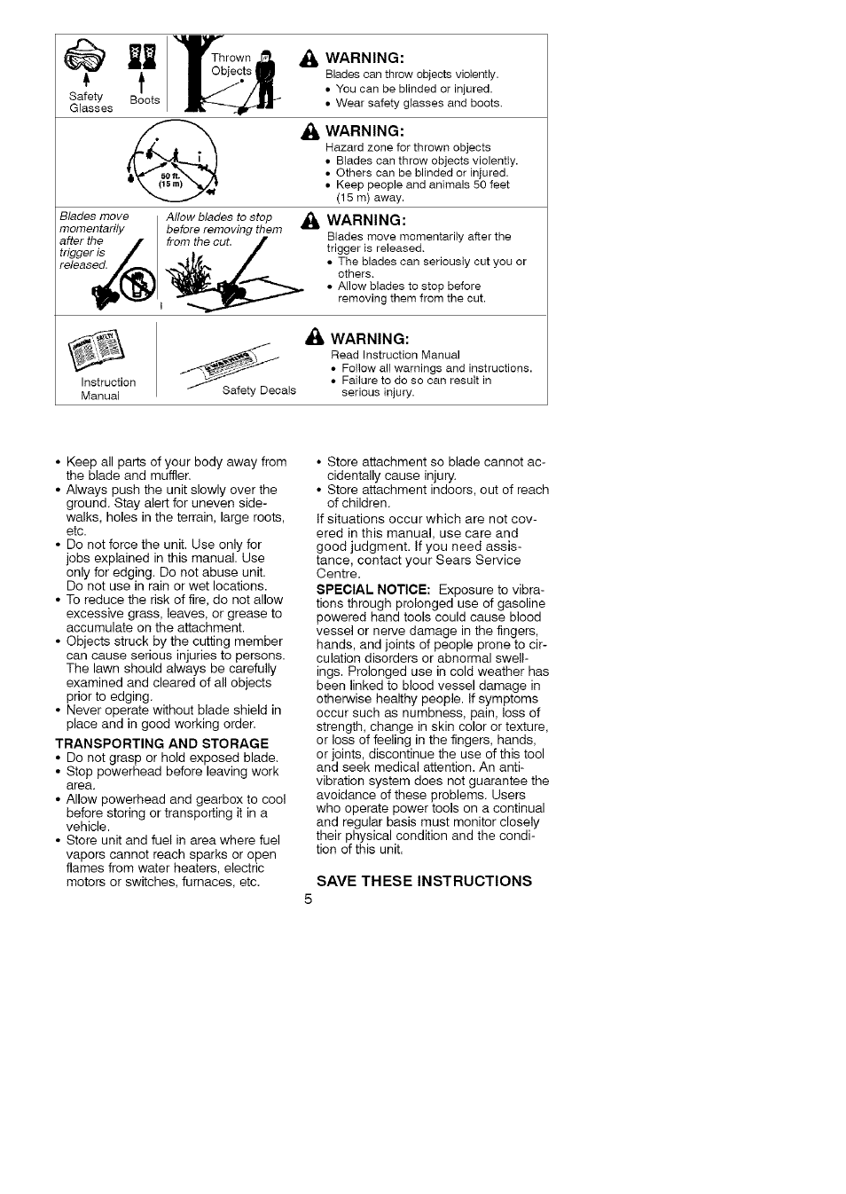 Warning, A vvar n1n g, Transporting and storage | Special notice, Save these instructions | Craftsman C944.511573 User Manual | Page 5 / 10