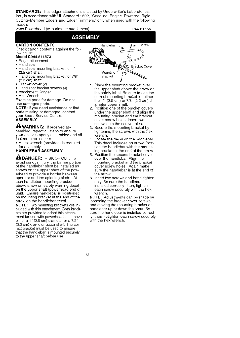 Assembly, Standards, Carton contents | Handlebar assembly | Craftsman C944.511573 User Manual | Page 6 / 10