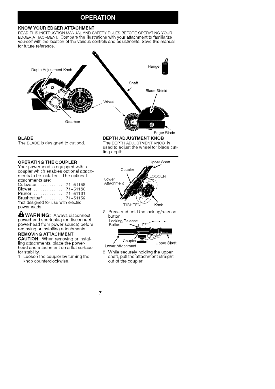 Know your edger attachment, Blade, Depth adjustment knob | Operating the coupler, Removing attachment caution, Operation | Craftsman C944.511573 User Manual | Page 7 / 10