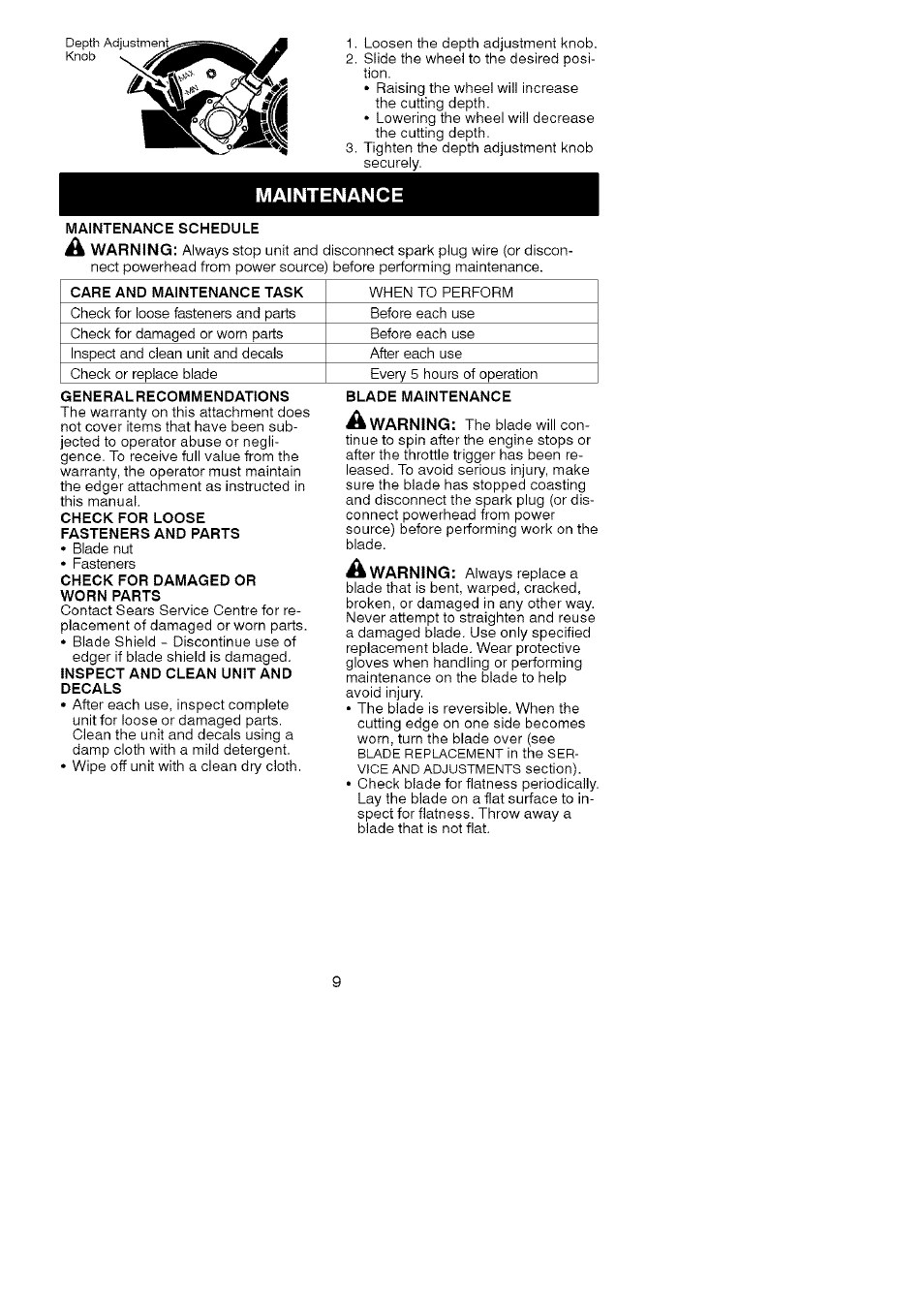 Maintenance, Maintenance schedule, Care and maintenance task | Generalrecommendations, Check for loose fasteners and parts, Check for damaged or worn parts, Inspect and clean unit and decals, Blade maintenance | Craftsman C944.511573 User Manual | Page 9 / 10