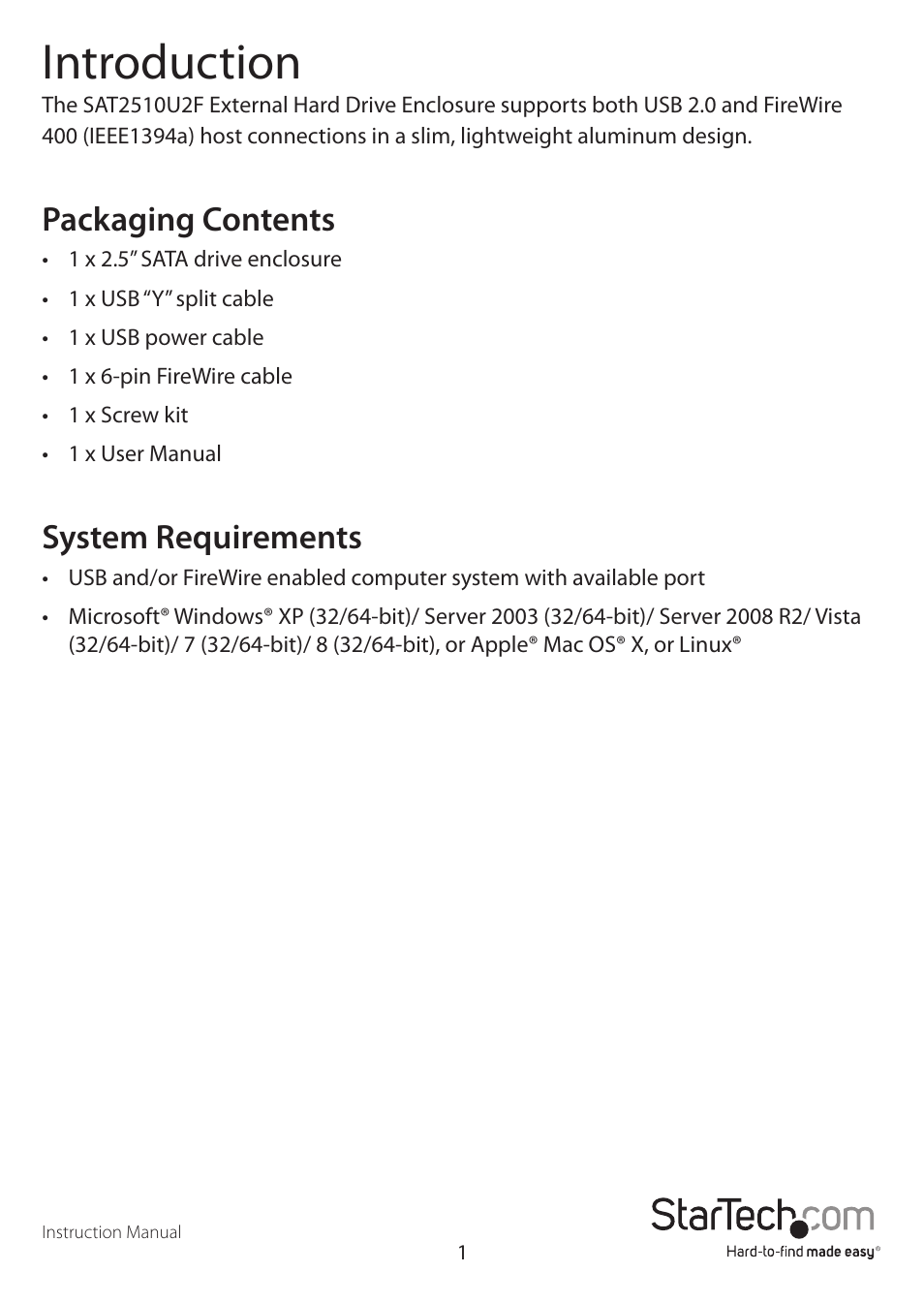 Introduction, Packaging contents, System requirements | StarTech.com SAT2510U2F User Manual | Page 4 / 10