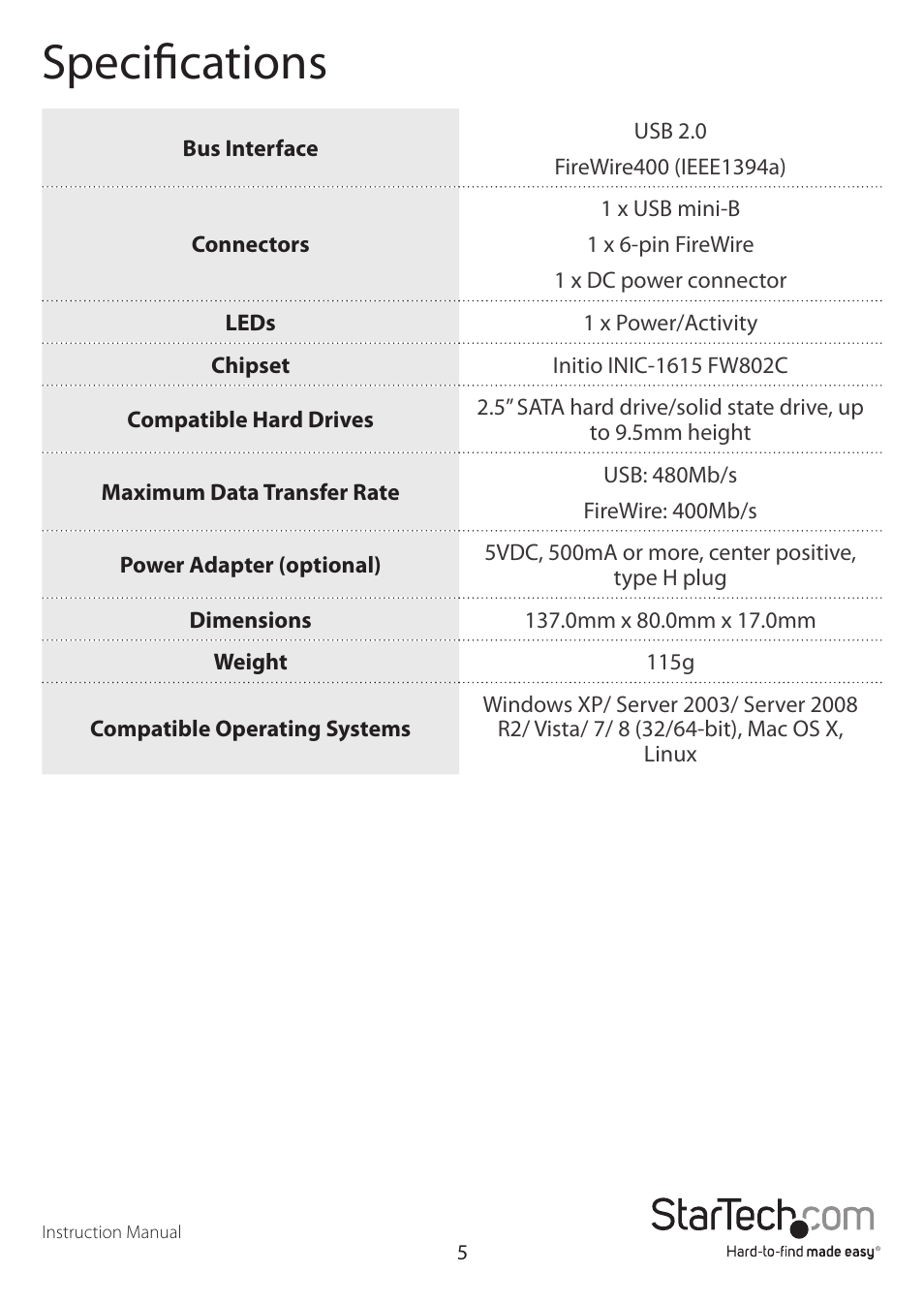 Specifications | StarTech.com SAT2510U2F User Manual | Page 8 / 10