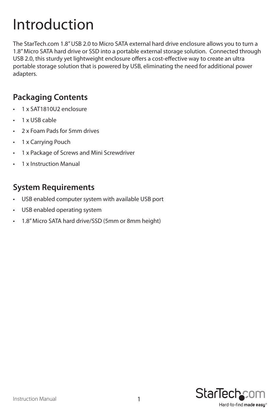 Introduction, Packaging contents, System requirements | StarTech.com SAT1810U2 User Manual | Page 4 / 10