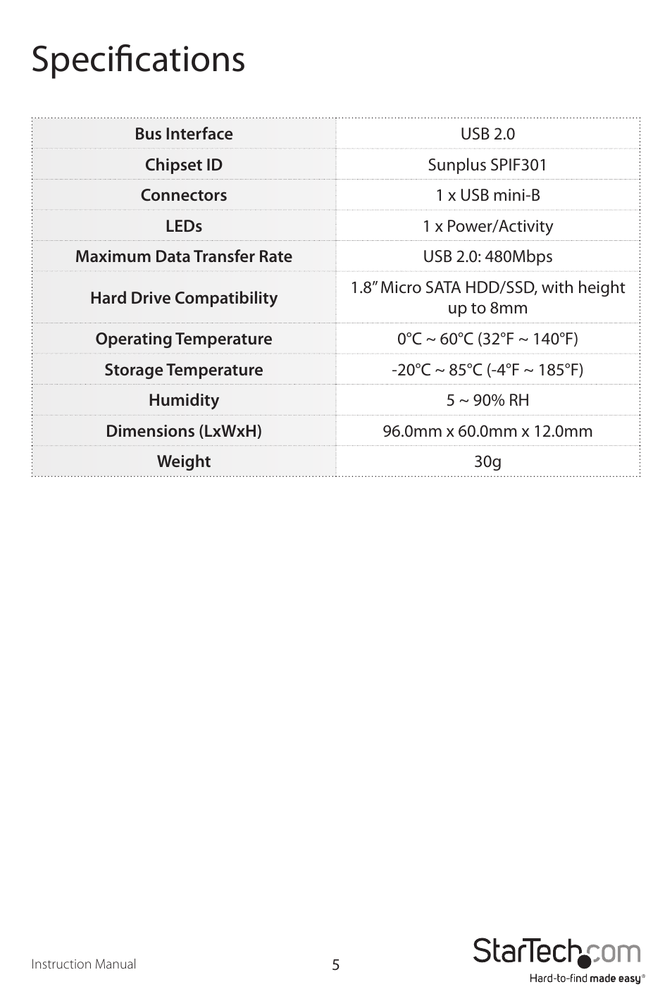 Specifications | StarTech.com SAT1810U2 User Manual | Page 8 / 10