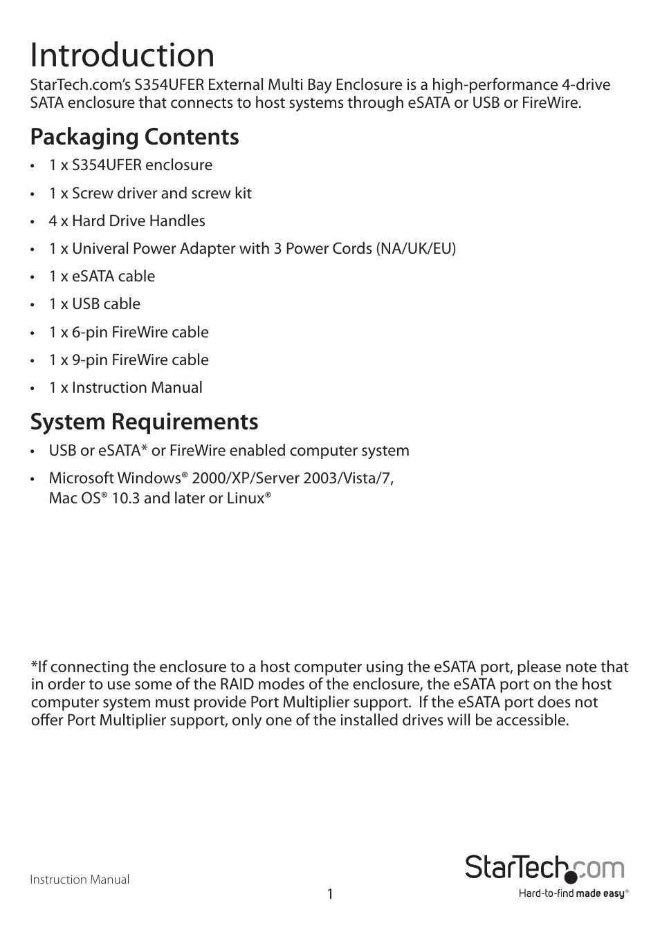 Introduction, Packaging contents, System requirements | StarTech.com S354UFER User Manual | Page 4 / 16