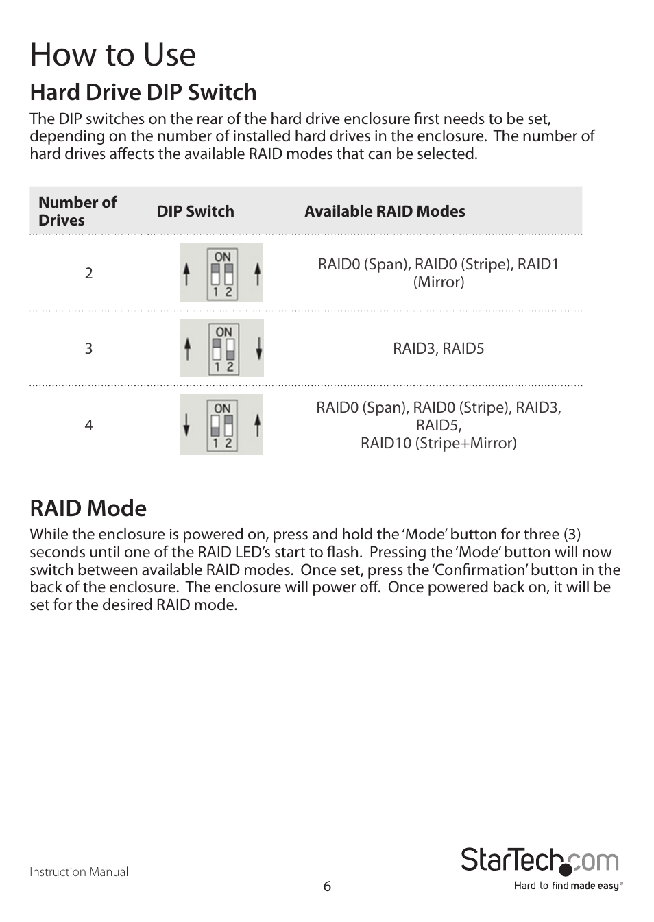 How to use, Hard drive dip switch, Raid mode | StarTech.com S354UFER User Manual | Page 9 / 16