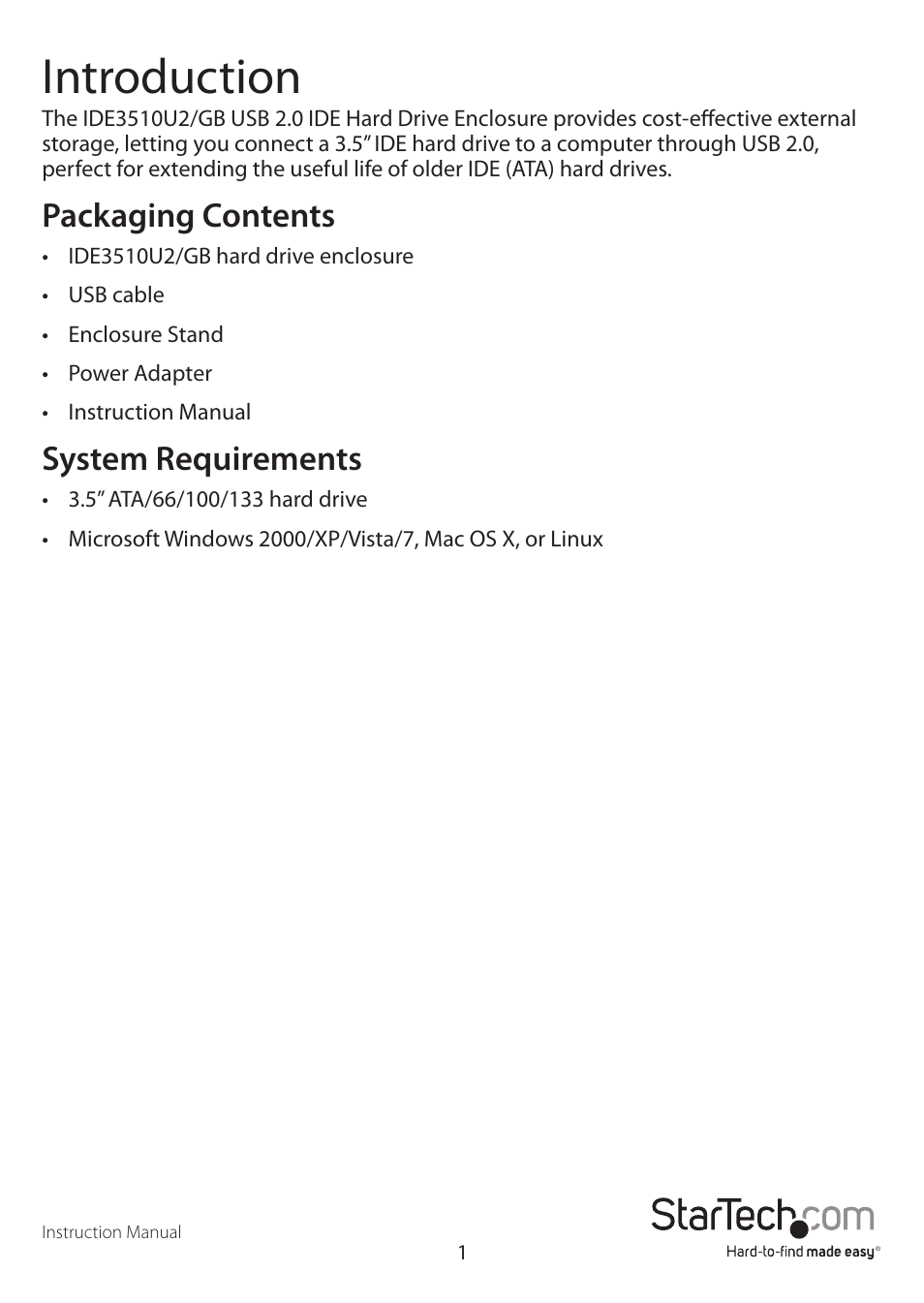 Introduction, Packaging contents, System requirements | StarTech.com IDE3510U2GB User Manual | Page 4 / 11