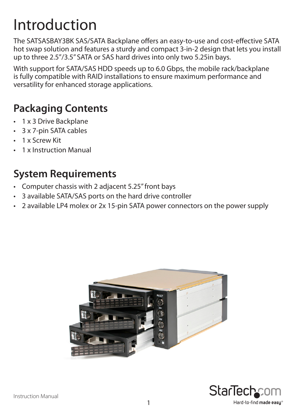 Introduction, Packaging contents, System requirements | StarTech.com SATSASBAY3BK User Manual | Page 4 / 10