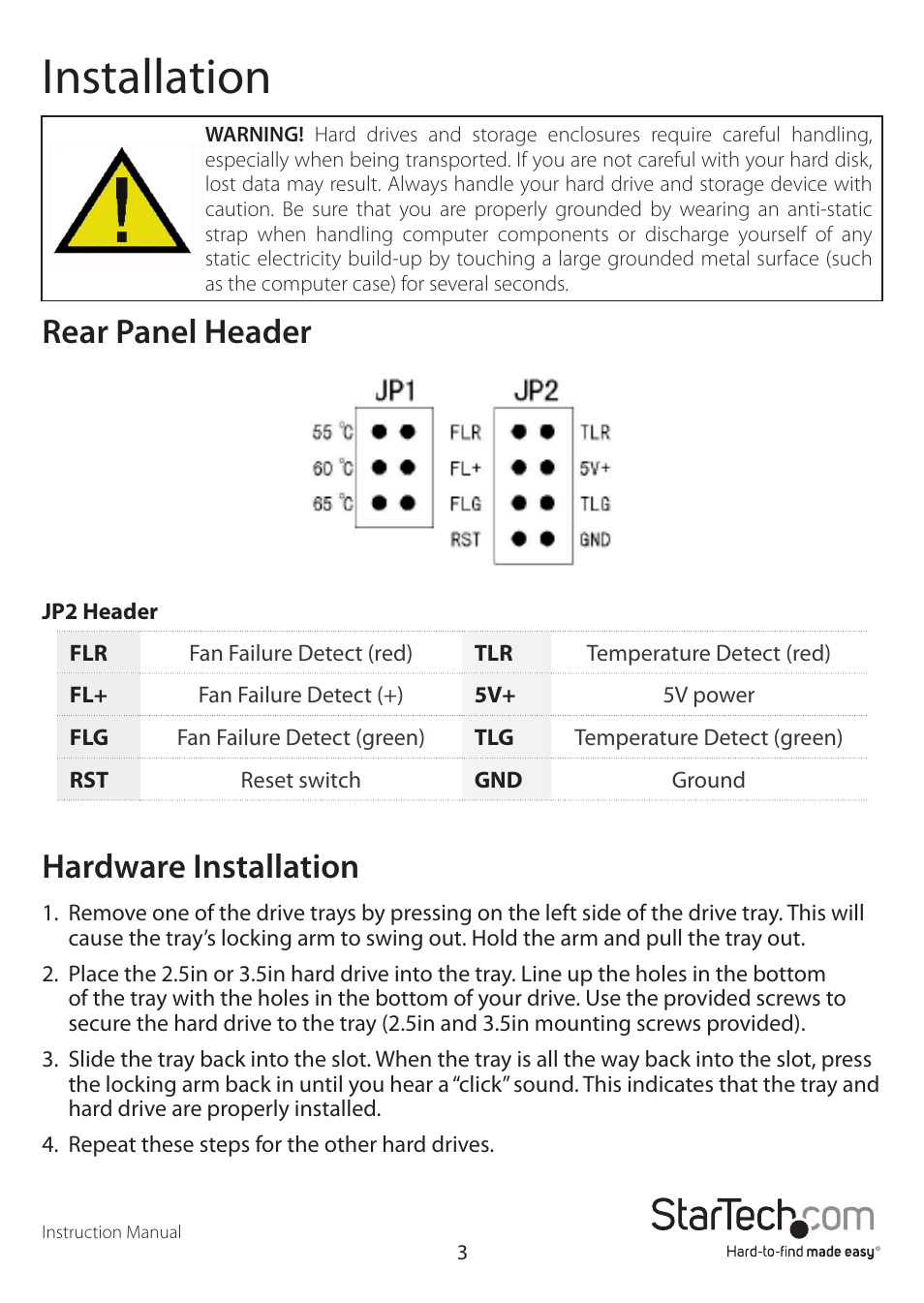 Installation, Rear panel header, Hardware installation | StarTech.com SATSASBAY3BK User Manual | Page 6 / 10