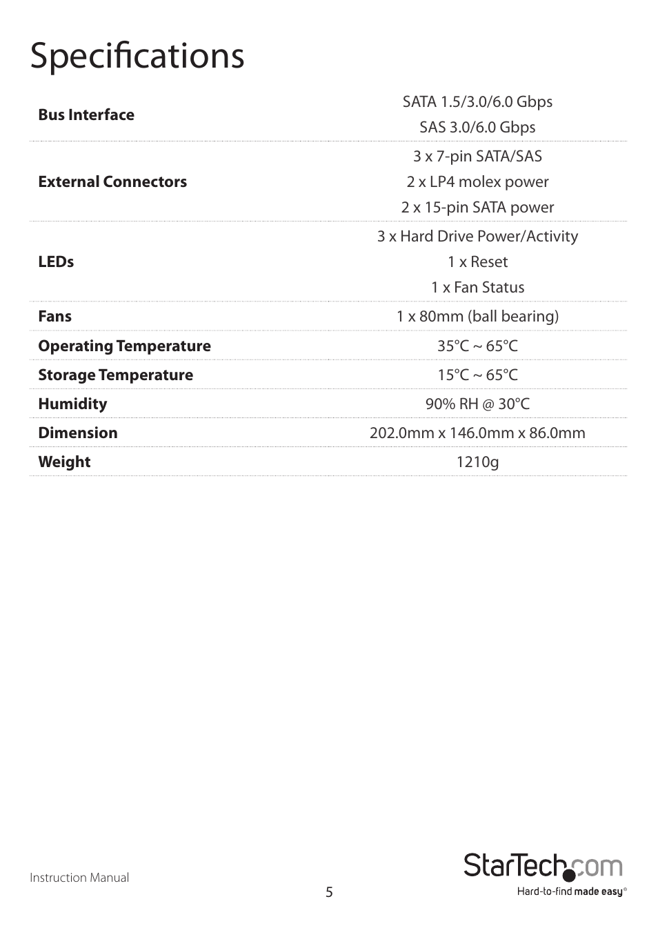 Specifications | StarTech.com SATSASBAY3BK User Manual | Page 8 / 10