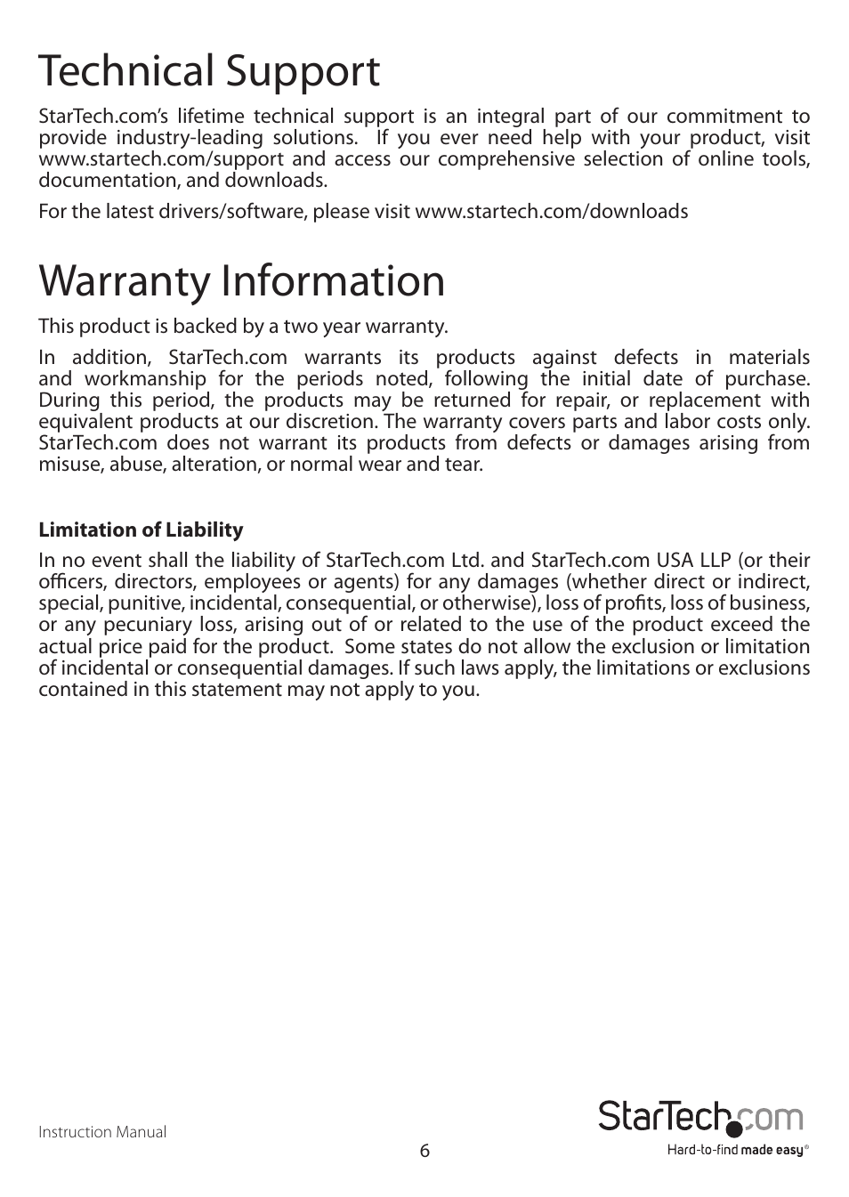 Technical support, Warranty information | StarTech.com SATSASBAY3BK User Manual | Page 9 / 10