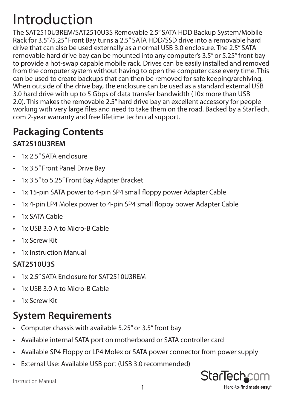 Introduction, Packaging contents, System requirements | StarTech.com SAT2510U3S User Manual | Page 4 / 12