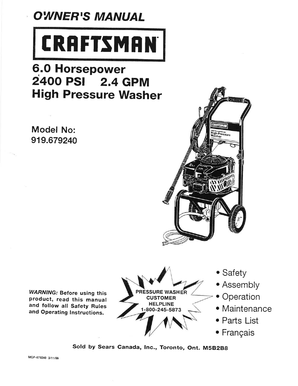 Craftsman 919.679240 User Manual | 30 pages