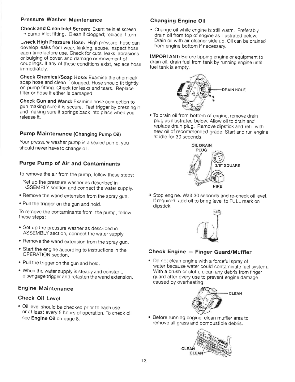 Pump maintenance (changing pump oil), Purge pump of air and contaminants, Check engine — finger guard/muffler | Craftsman 919.679240 User Manual | Page 12 / 30