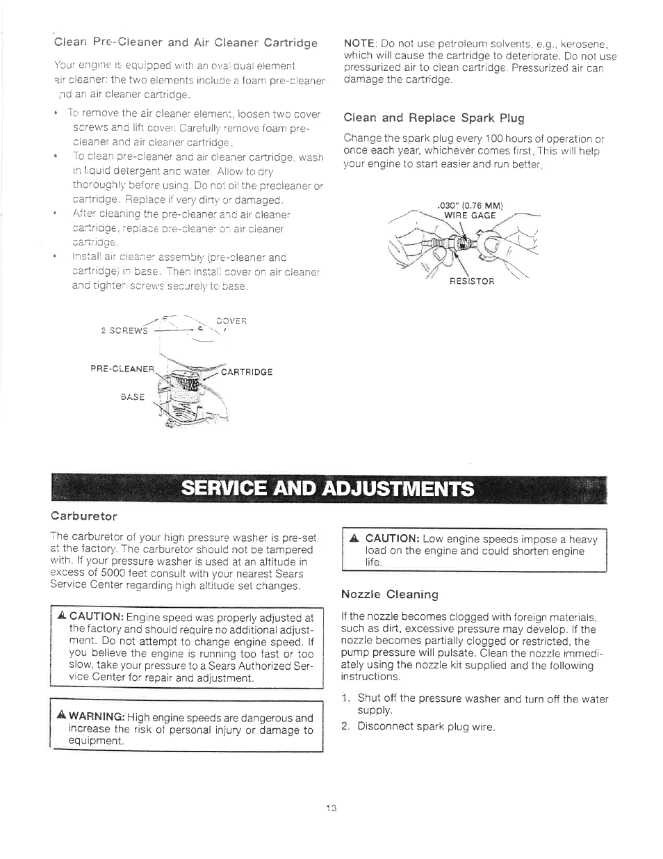 Clean and replace spark plug, Service and adjustments, Carburetor | Nozzle cleaning, Service and adjustments -14 | Craftsman 919.679240 User Manual | Page 13 / 30