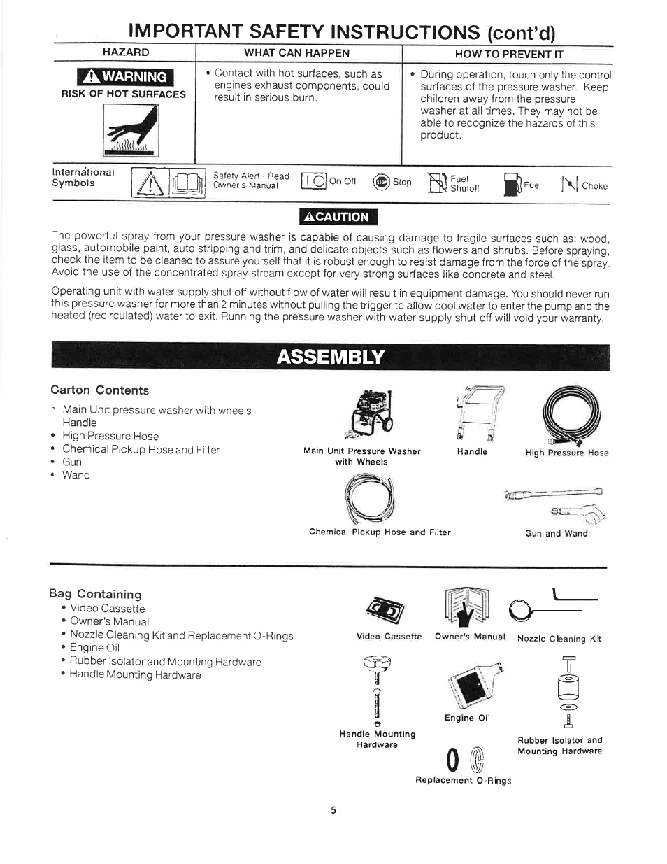 Acaution, Assembly, Carton contents | Bag containing, Assembly -7, Important safety instructions (cont’d) | Craftsman 919.679240 User Manual | Page 5 / 30