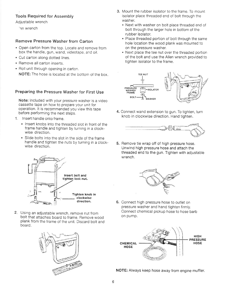 Tools required for assembly, Remove pressure washer from carton, Preparing the pressure washer for first use | Craftsman 919.679240 User Manual | Page 6 / 30