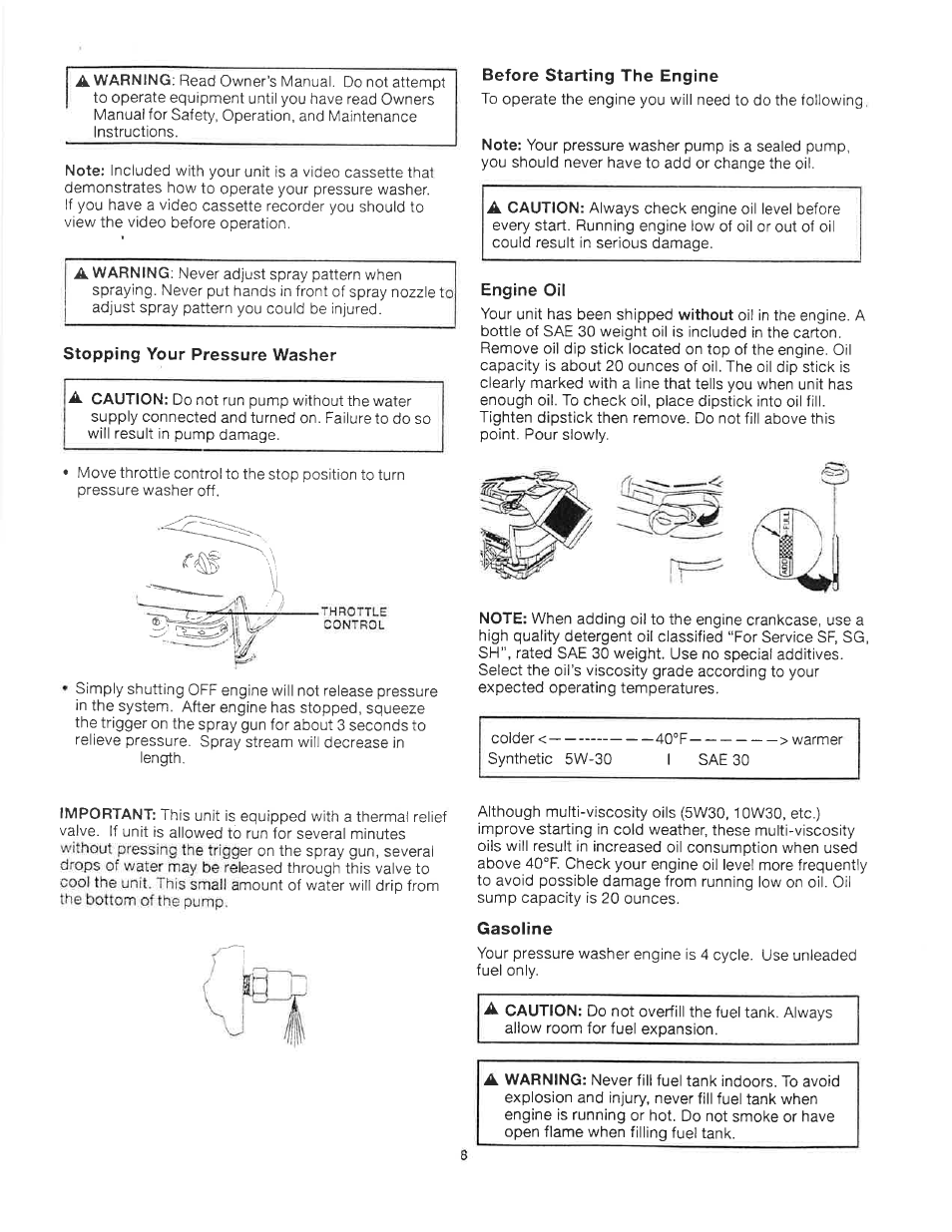 Stopping your pressure washer, Before starting the engine, Engine oil | Gasoline | Craftsman 919.679240 User Manual | Page 8 / 30