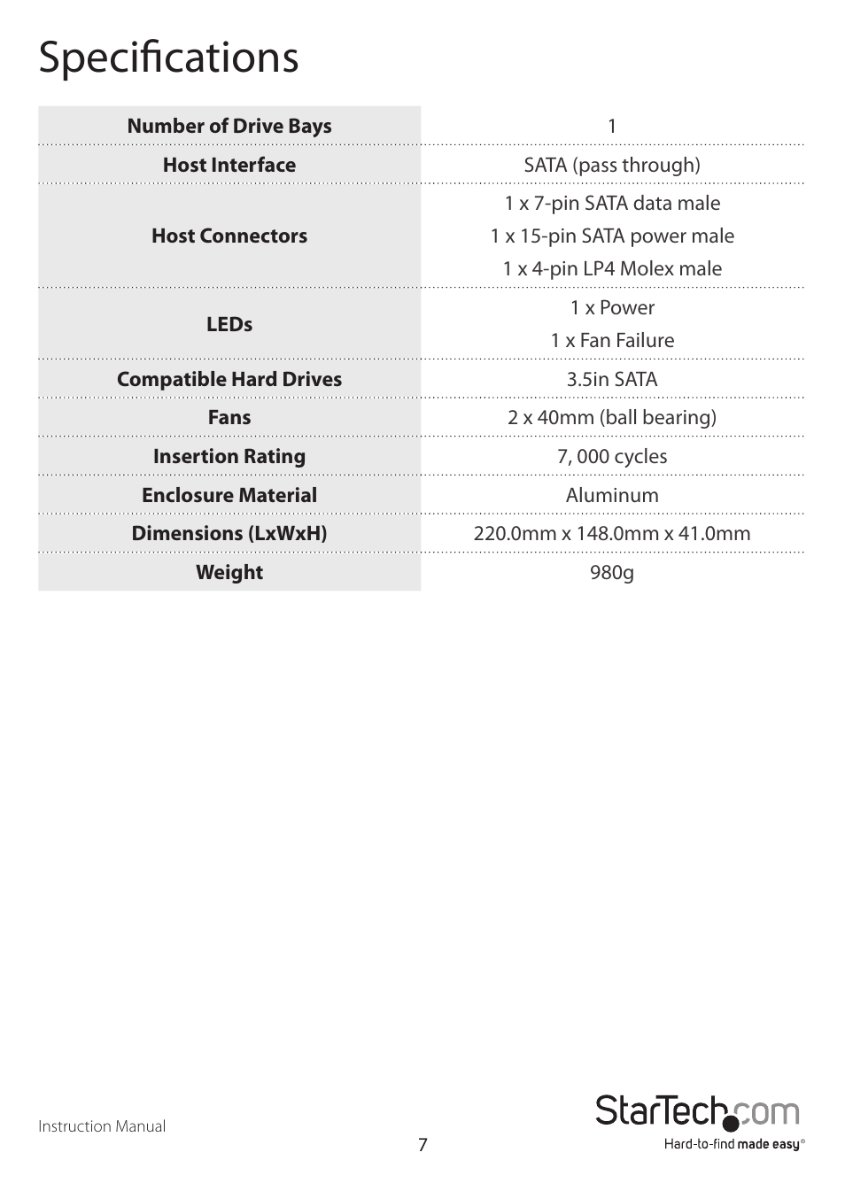 Specifications | StarTech.com DRW115SATBK User Manual | Page 10 / 12