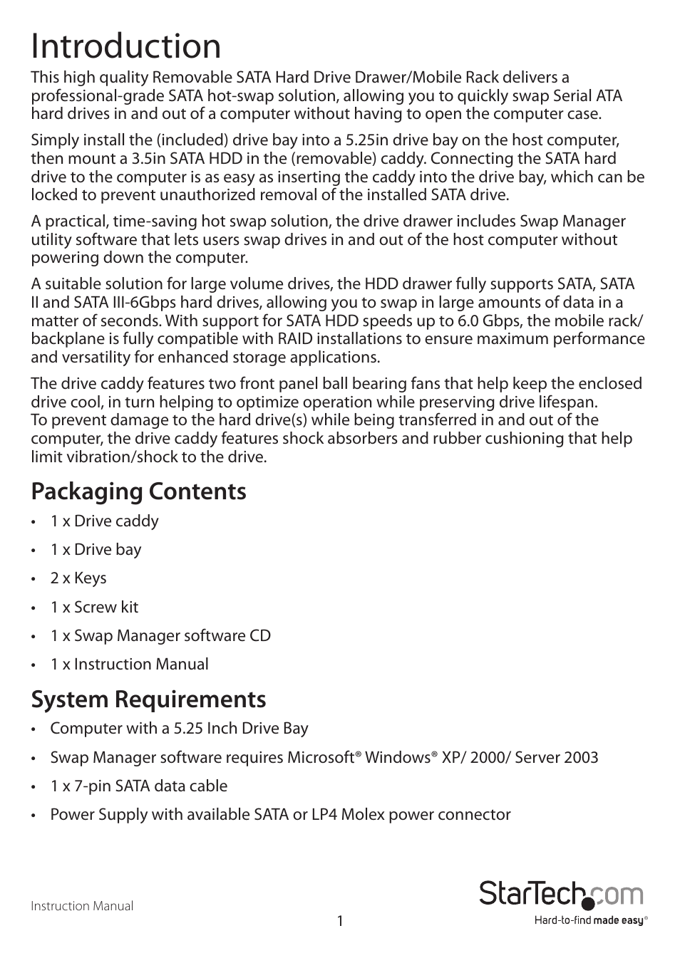 Introduction, Packaging contents, System requirements | StarTech.com DRW115SATBK User Manual | Page 4 / 12