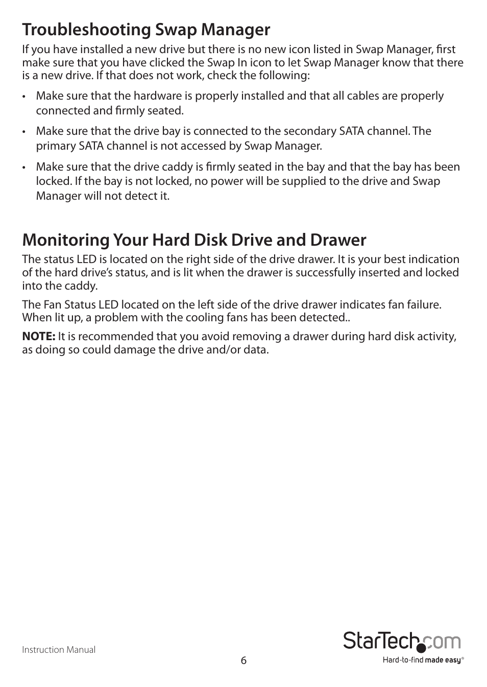 Troubleshooting swap manager, Monitoring your hard disk drive and drawer | StarTech.com DRW115SATBK User Manual | Page 9 / 12