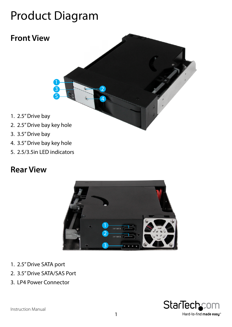 Product diagram, Front view, Rear view | Front view rear view | StarTech.com HSB2535SATBK User Manual | Page 4 / 12