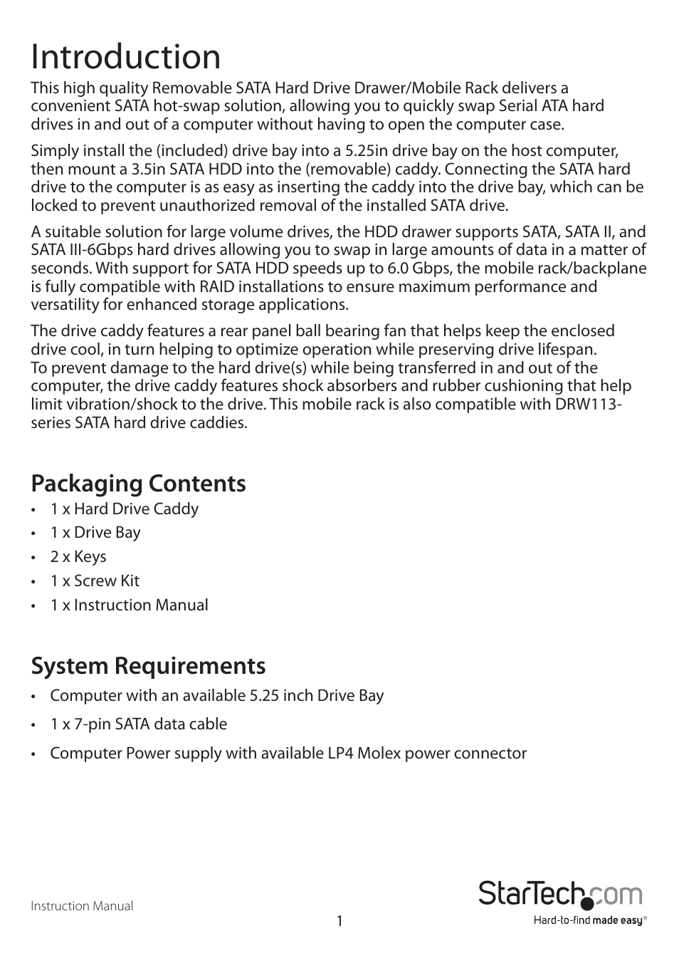 Introduction, Packaging contents, System requirements | StarTech.com DRW110SATBK User Manual | Page 4 / 10