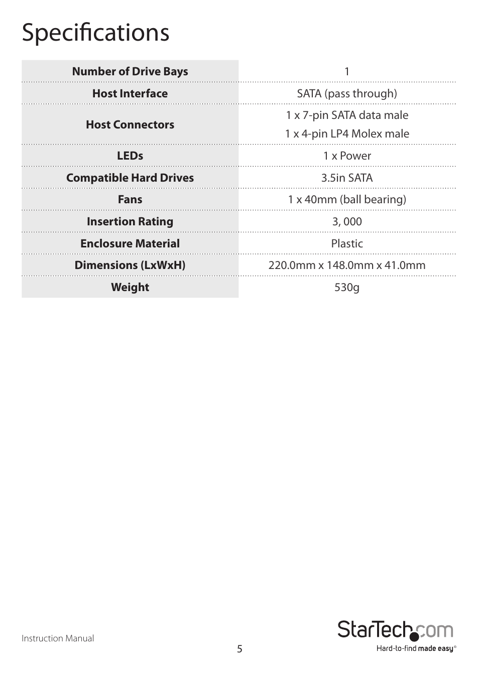 Specifications | StarTech.com DRW110SATBK User Manual | Page 8 / 10