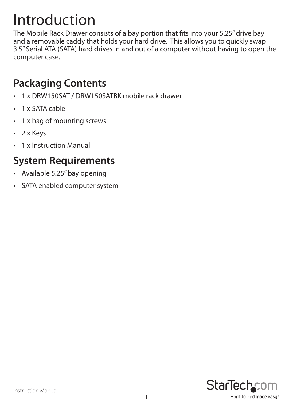 Introduction, Packaging contents, System requirements | StarTech.com DRW150SATBK User Manual | Page 4 / 10