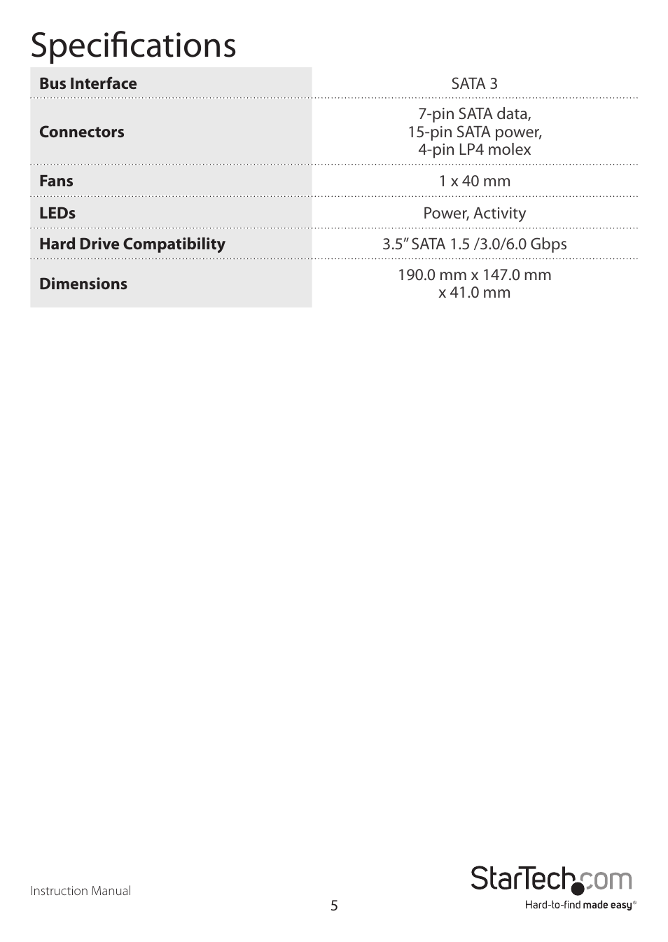 Specifications | StarTech.com DRW150SATBK User Manual | Page 8 / 10