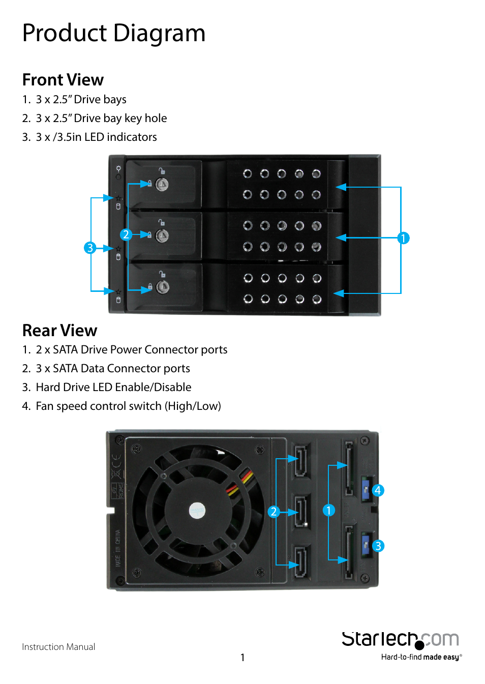 Product diagram, Front view, Rear view | Front view rear view | StarTech.com HSB3SATSASBA User Manual | Page 4 / 12