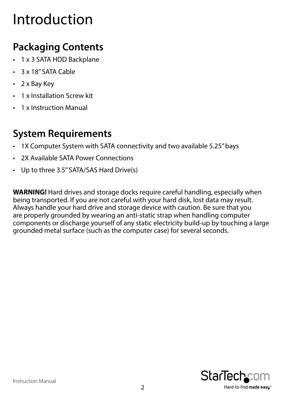 Introduction, Packaging contents, System requirements | Packaging contents system requirements | StarTech.com HSB3SATSASBA User Manual | Page 5 / 12