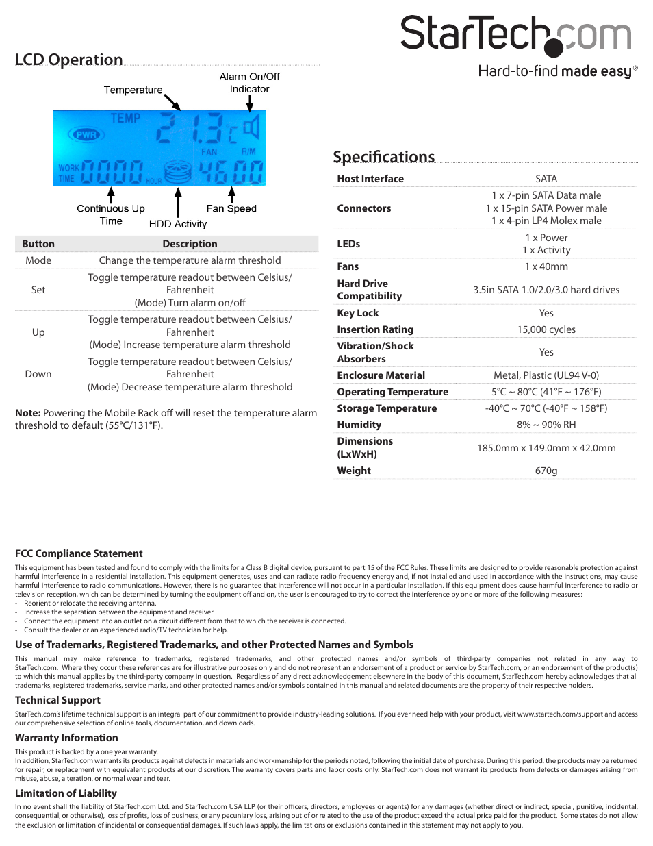Specifications, Lcd operation | StarTech.com HSB110SATBK User Manual | Page 2 / 2