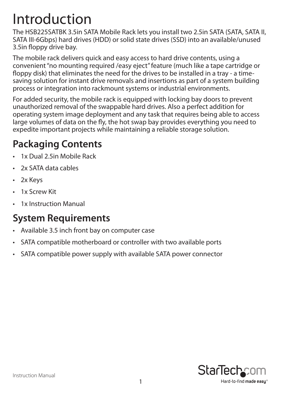 Introduction, Packaging contents, System requirements | StarTech.com HSB225SATBK User Manual | Page 4 / 11