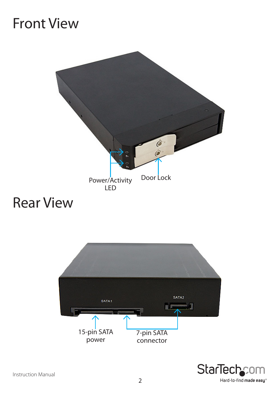 Front view rear view | StarTech.com HSB225SATBK User Manual | Page 5 / 11