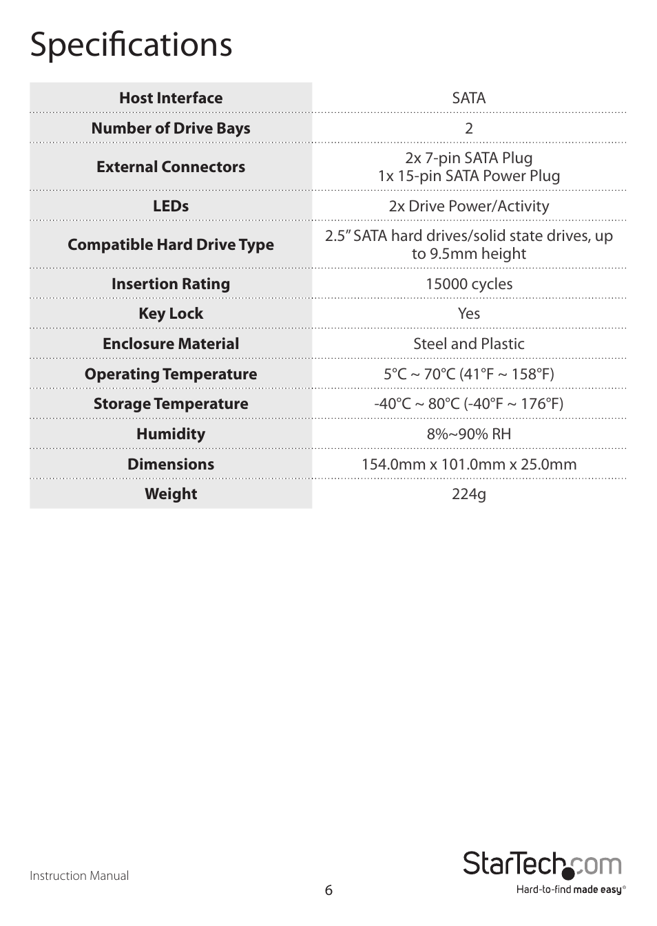 Specifications | StarTech.com HSB225SATBK User Manual | Page 9 / 11