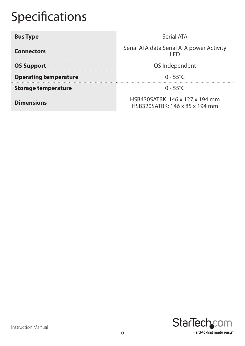 Specifications | StarTech.com HSB430SATBK User Manual | Page 9 / 11