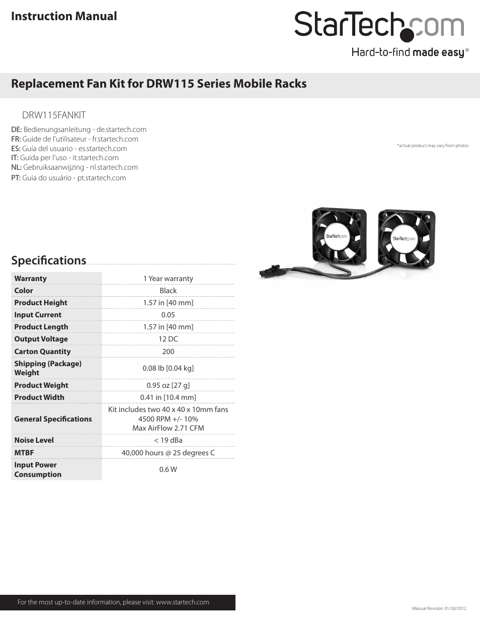 StarTech.com DRW115FANKIT User Manual | 2 pages