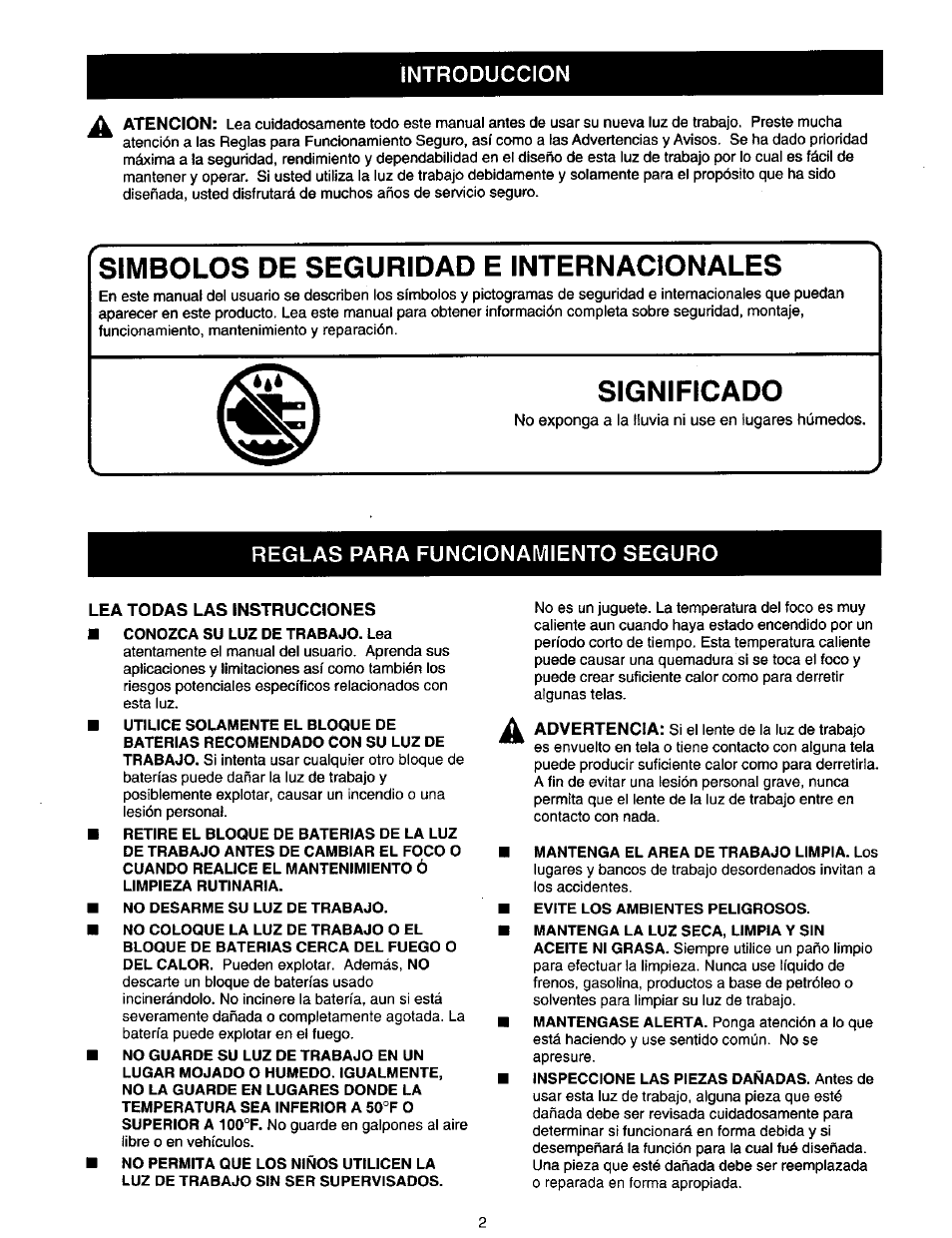 Introduccion, Simbolos de seguridad e internacionales, Significado | Reglas para funcionamiento seguro | Craftsman 973.110470 User Manual | Page 10 / 16